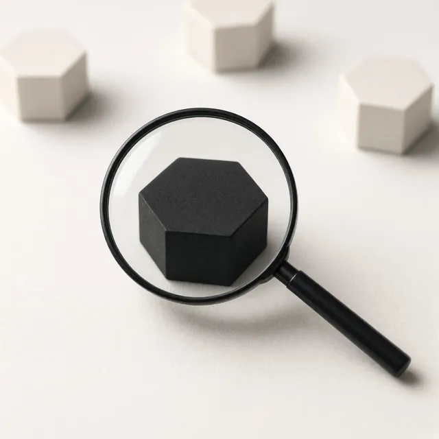 AI-made image: one near-black hexagonal part under a magnifying glass, the rest of the parts out of focus behind