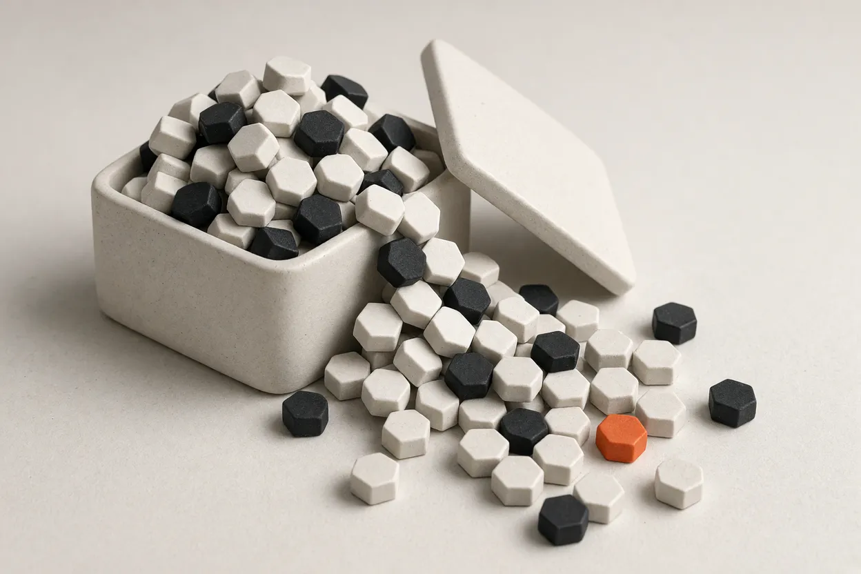 AI-made image: a small ceramic box, lid set aside, overflowing with far more hexagonal parts than it could hold, one of them orange