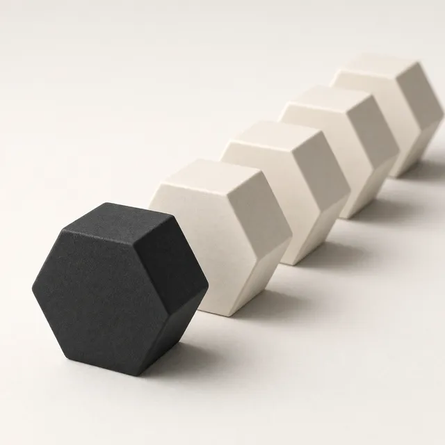 AI-made image: a row of off-white hexagonal parts led by one near-black part at the front