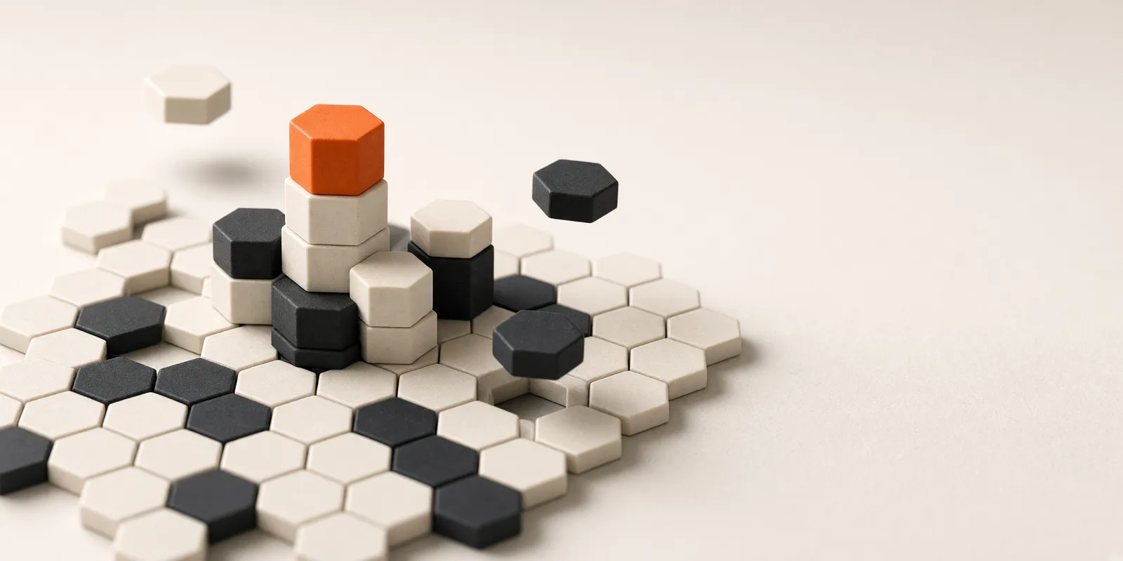 AI-made image: a small world built from hexagonal parts, a honeycomb floor with a tower rising from it and one orange part on top, loose parts hovering, wide empty paper to the right